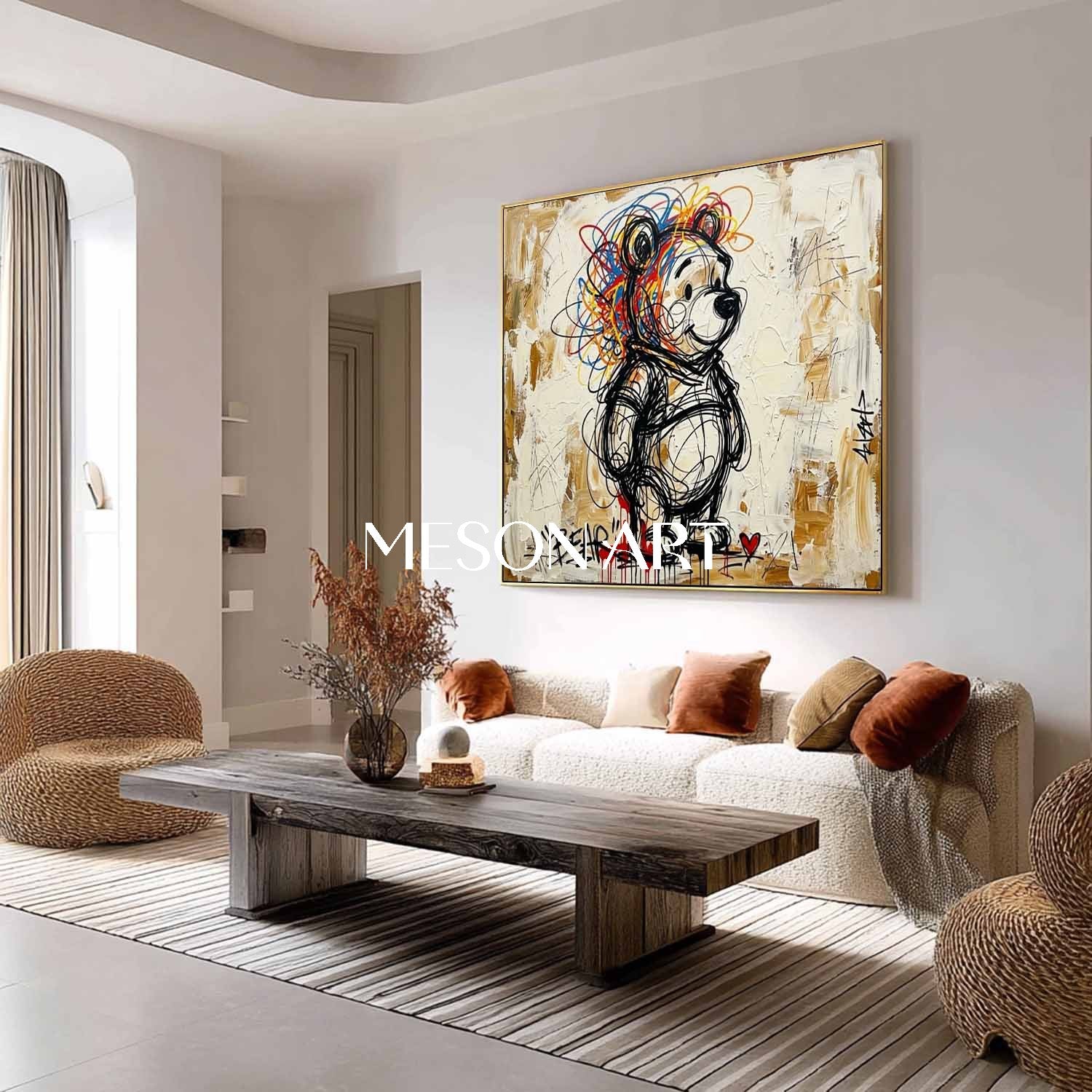 Square Hand-Painted Graffiti Bear Canvas Art | Textured Pop Art Bear | MESONART