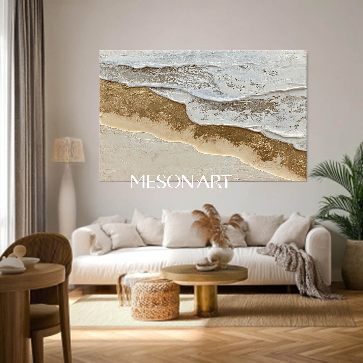 3D White and Gold Ocean Waves Texture Painting Beach Abstract Wall Art