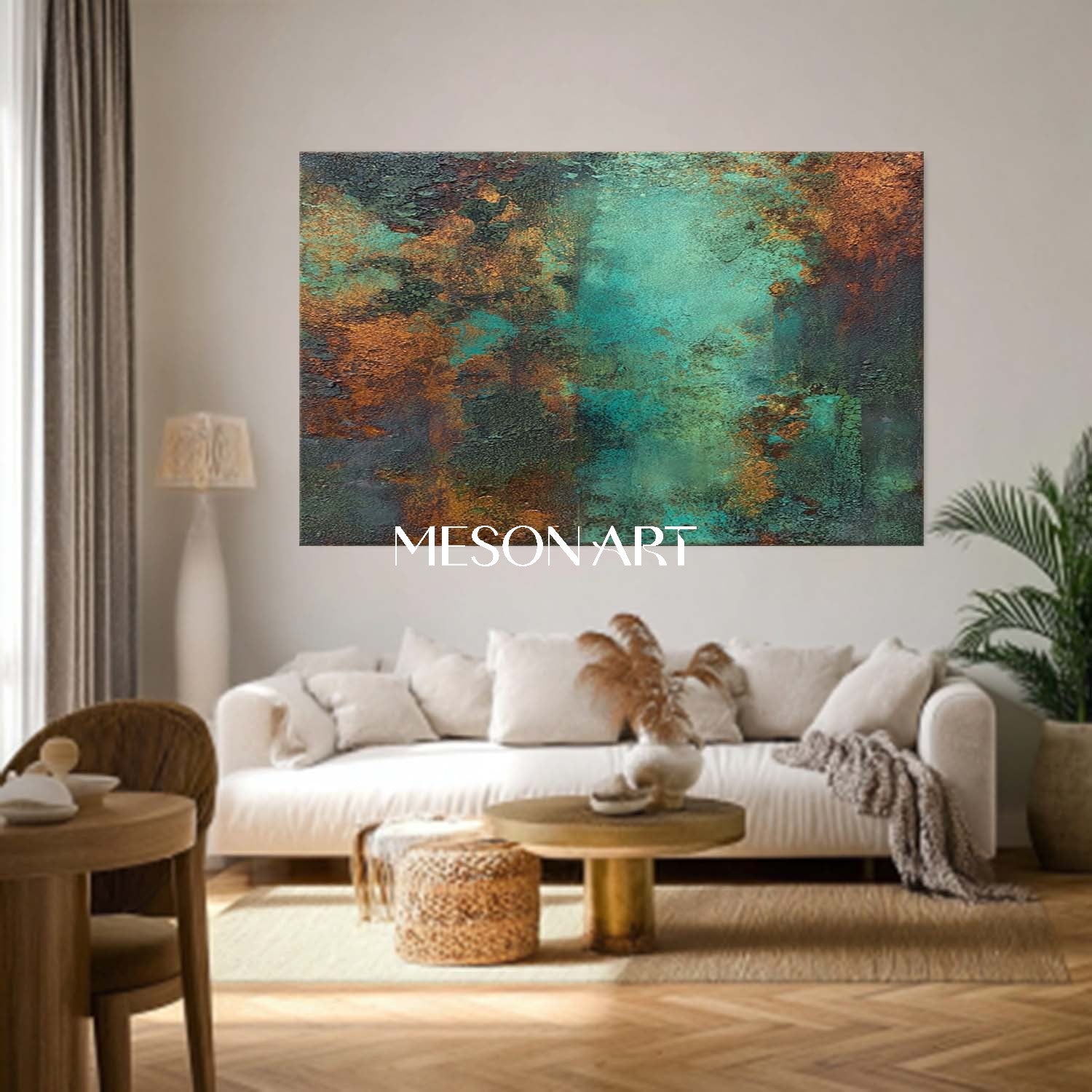 Big Green and Bronze Abstract Texture Art Fireplace Canvas Wall Decor