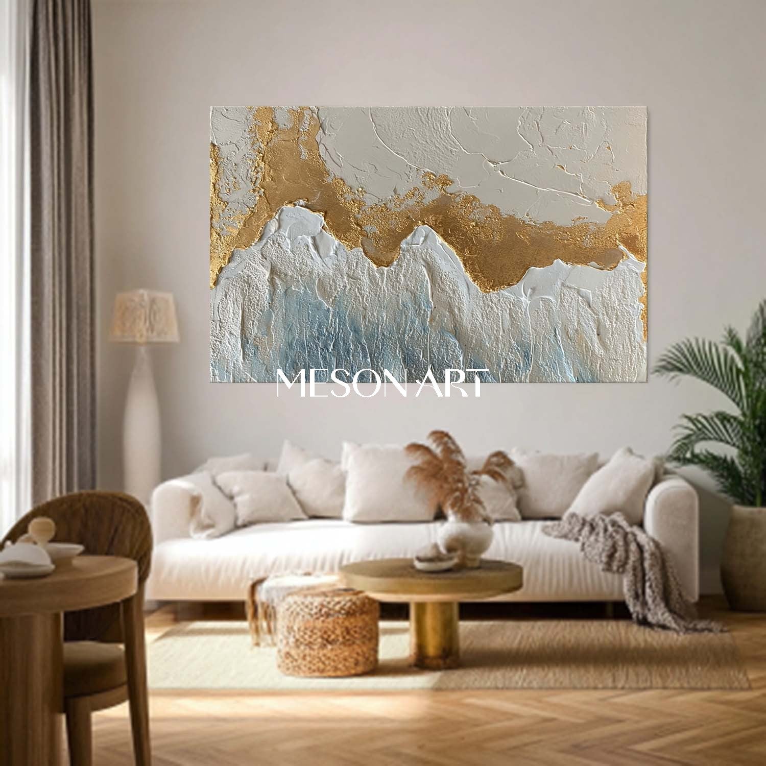 3D White and Gold Wave Texture Painting Plaster Abstract Wall Art