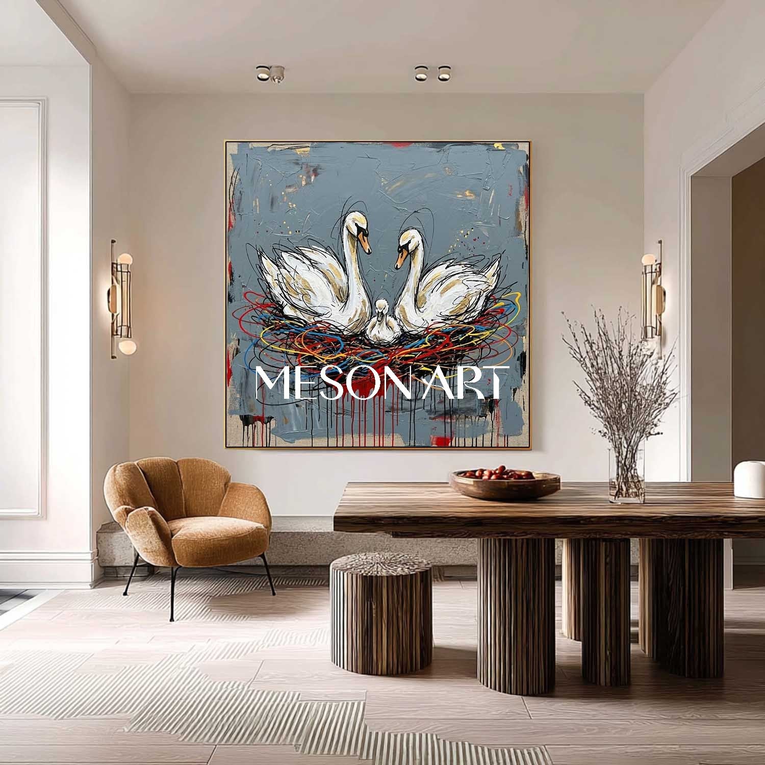 White Swan Family In Colorful Nest Contemporary Expressionist Large Artwork, Symbolic Painting Of Family Unity, Modern Textured Canvas, Statement Piece For Entryway, Oversized Framed Art