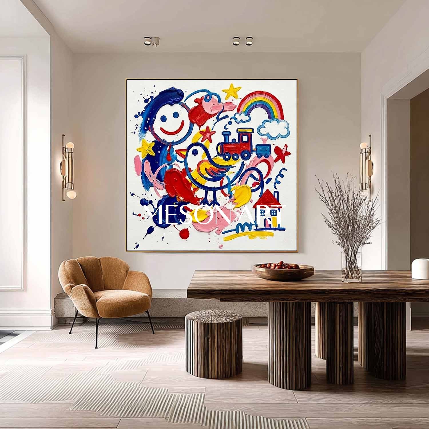 Original Kids Pop Art Wall Decor Colorful Rainbow Canvas Painting Contemporary Happy Artwork