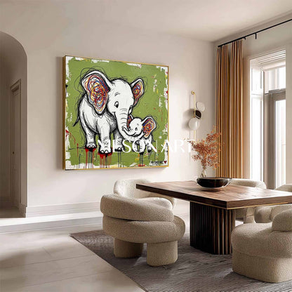 Avocado Green Elephant Canvas Painting Abstract Elephant Graffiti Art for Sale