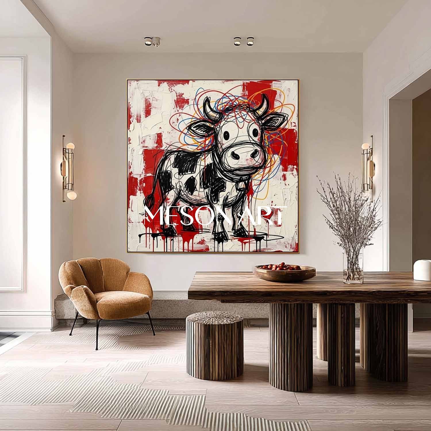 Square Hand-Painted Graffiti Cow Canvas Art | 3D Textured Pop Art | MESONART