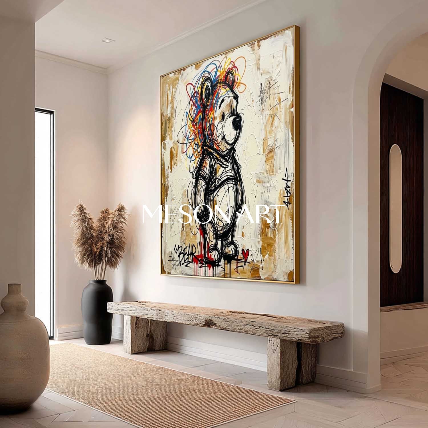 Square Hand-Painted Graffiti Bear Canvas Art | Textured Pop Art Bear | MESONART