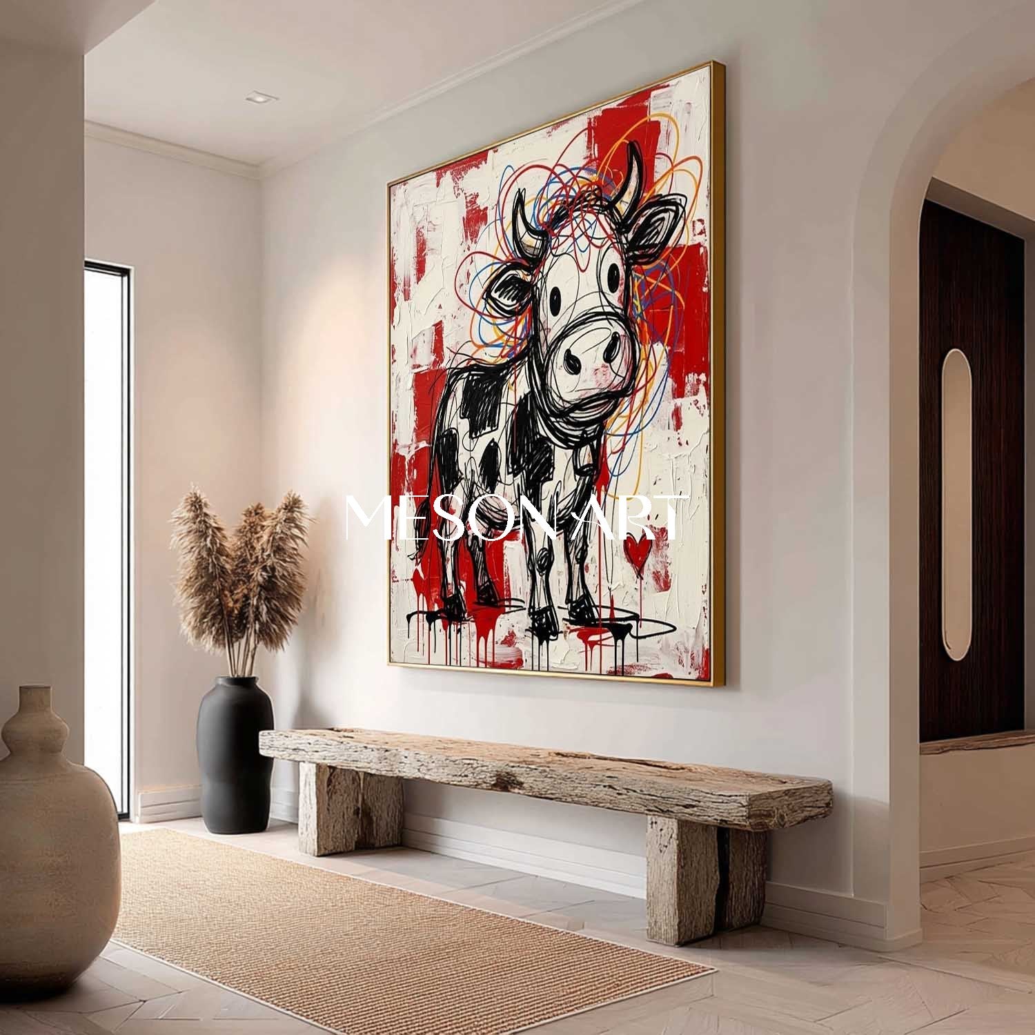 Square Hand-Painted Graffiti Cow Canvas Art | 3D Textured Pop Art | MESONART