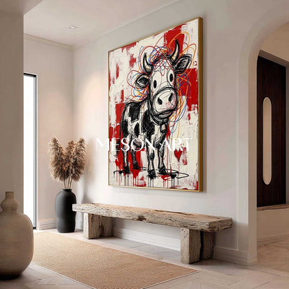 Square Hand-Painted Graffiti Cow Canvas Art | 3D Textured Pop Art | MESONART