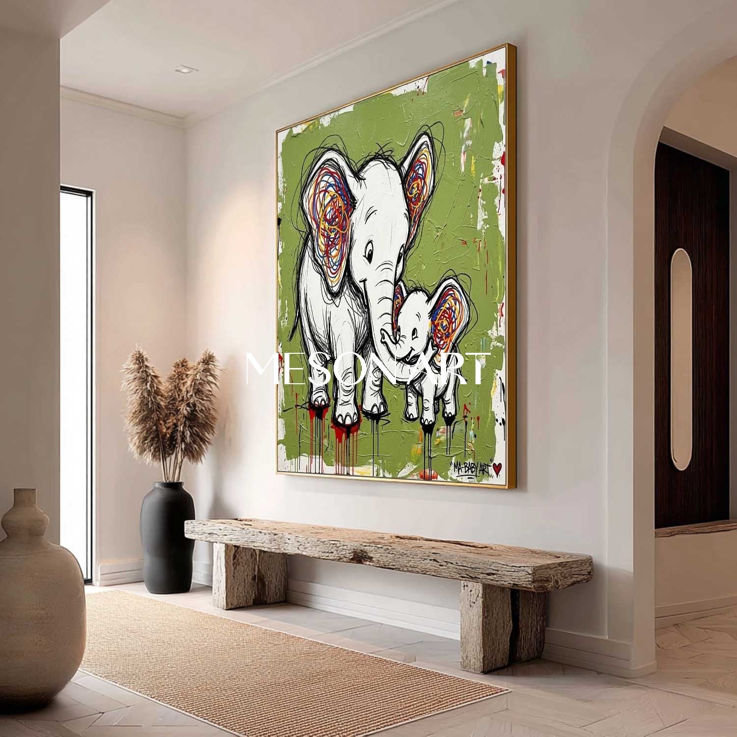 Avocado Green Elephant Canvas Painting Abstract Elephant Graffiti Art for Sale