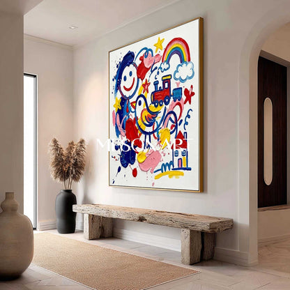 Original Kids Pop Art Wall Decor Colorful Rainbow Canvas Painting Contemporary Happy Artwork