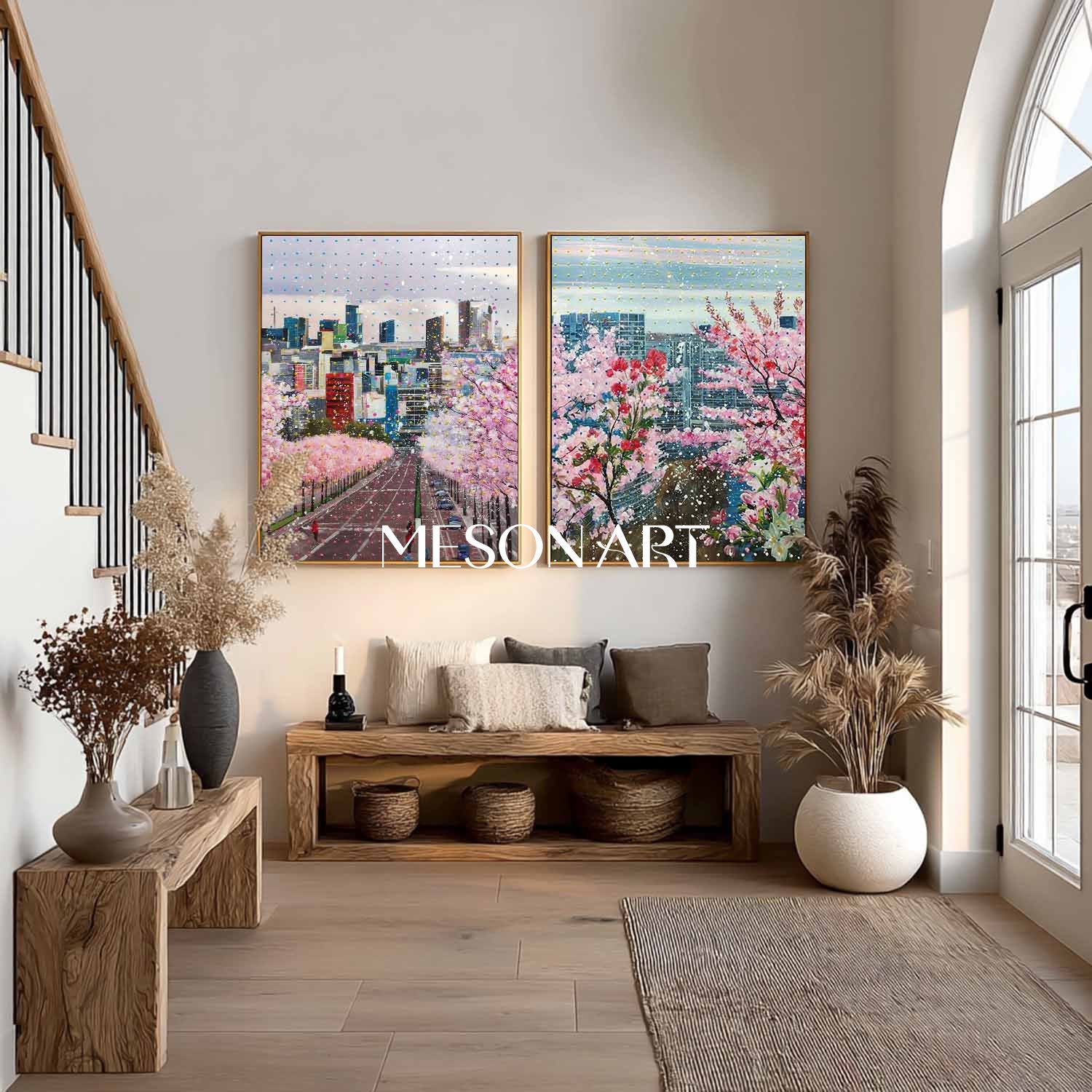 Cherry Blossom Cityscape Wall Art Set 2 Piece Modern Urban Canvas Painting for Home