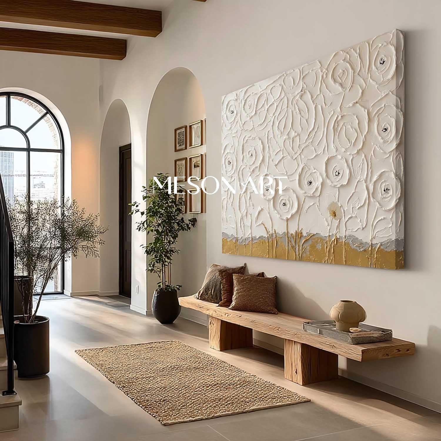 Horizontal Abstract Floral Painting Plaster Canvas Art For Living Room
