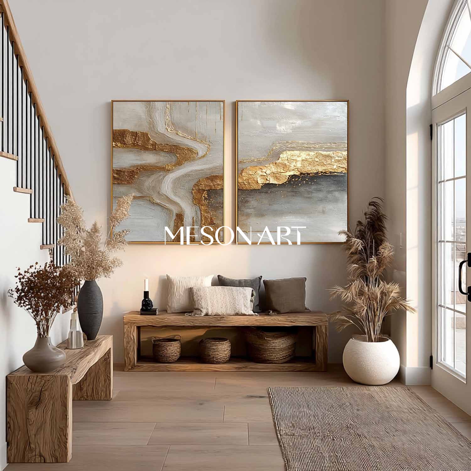 Abstract Textured Gold and Gray Canvas Wall Art 2 Piece Modern Painting Set for Living Room 