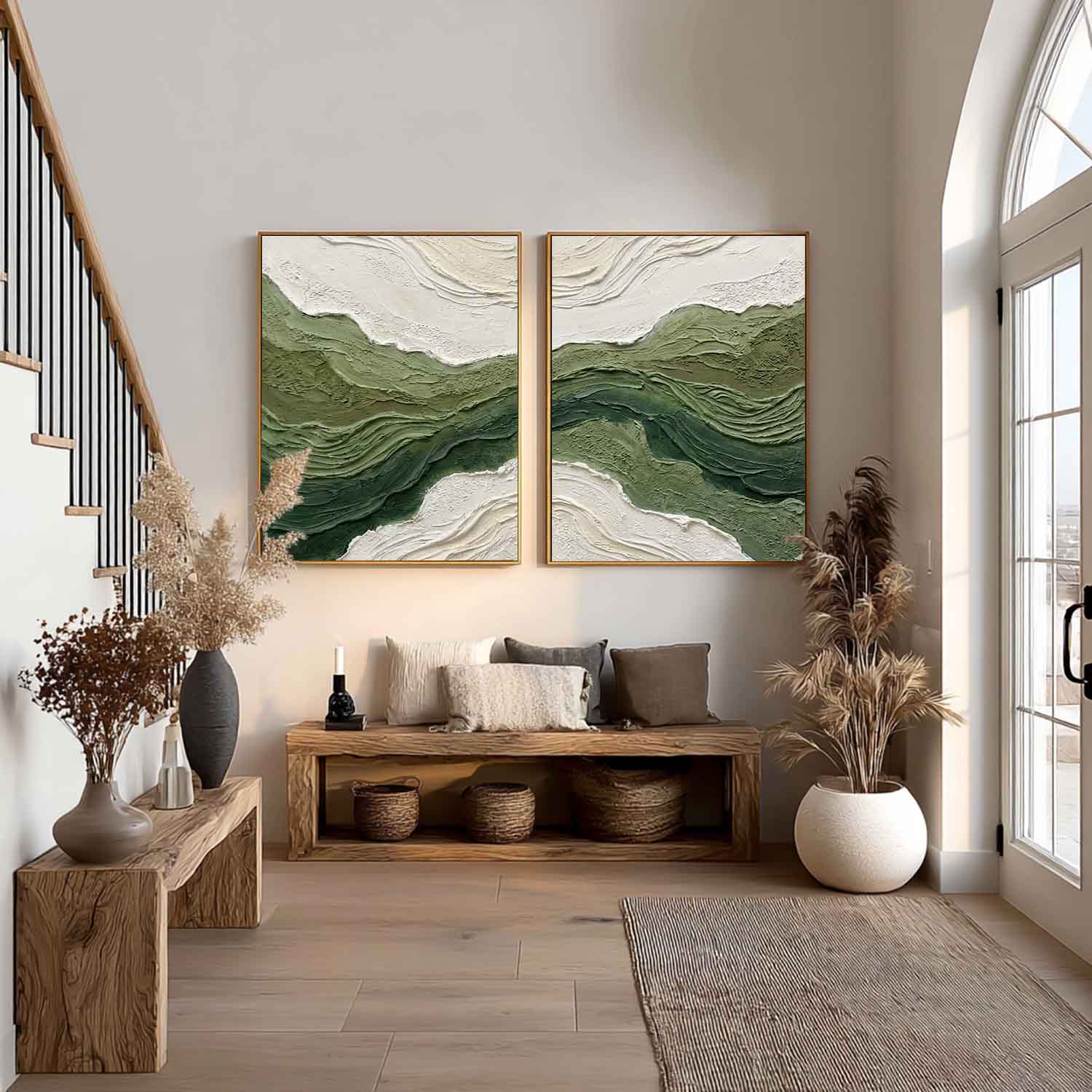 2-Piece Set Of Green Wave Living Room Painting Green Abstract Canvas Wall Art Decoration