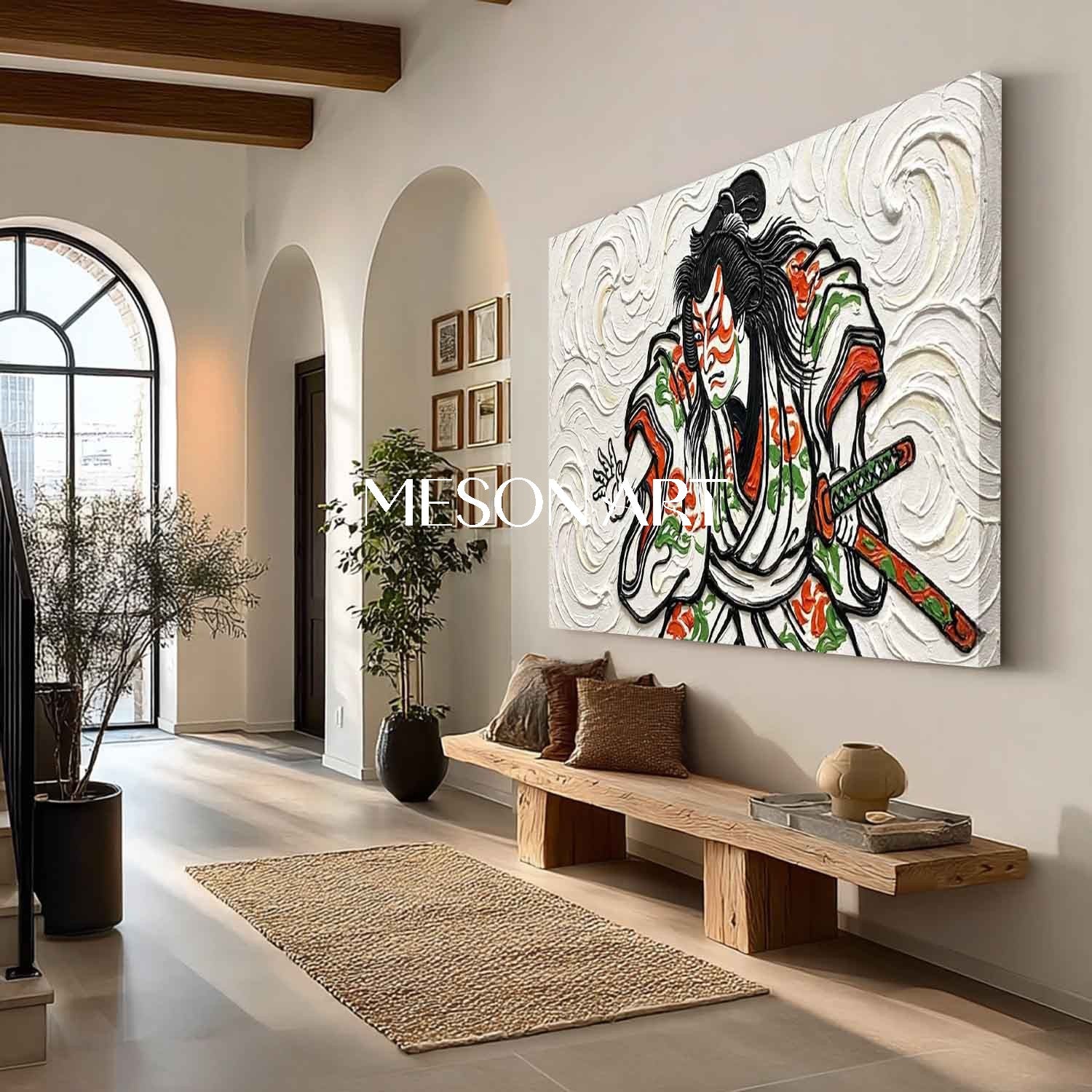Handmade 3D Textured Kabuki Warrior Oil Painting On Canvas, Heavy