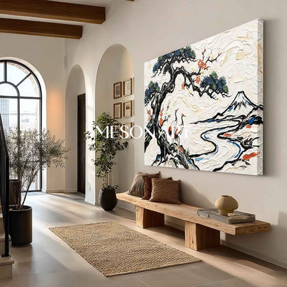 MesonArt 3D Textured Oil Painting | Pine Tree & Cranes Japanese Wall Art