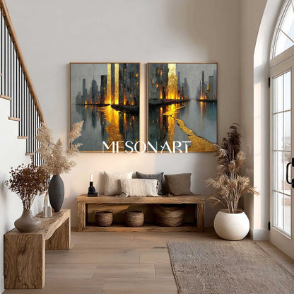 Modern Gold Abstract Wall Art Set of 2 Grey City Skyline Textured Canvas Paintings