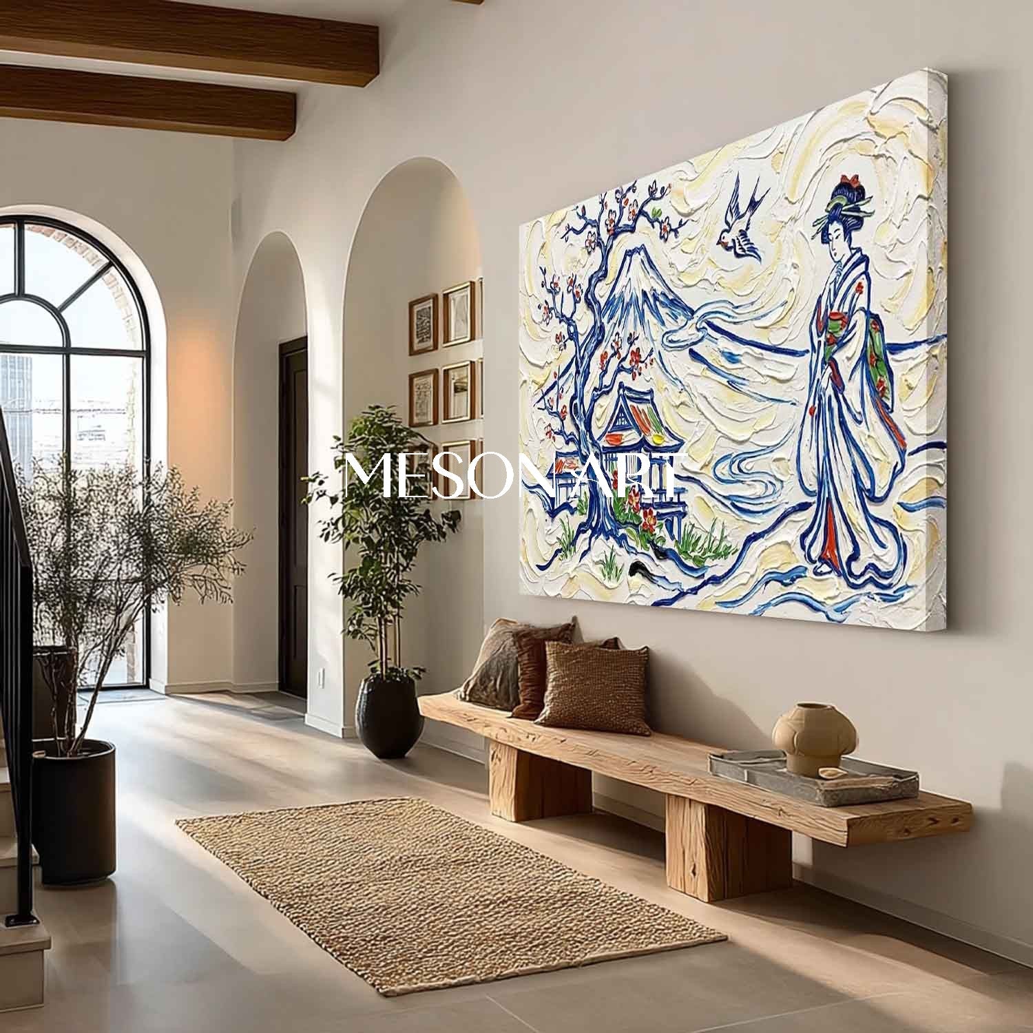 MesonArt 3D Textured Japanese Wall Art: Mount Fuji & Geisha Impasto Canvas Painting, Heavy Plaster Effect Knife Oil Art for Living Room Decor