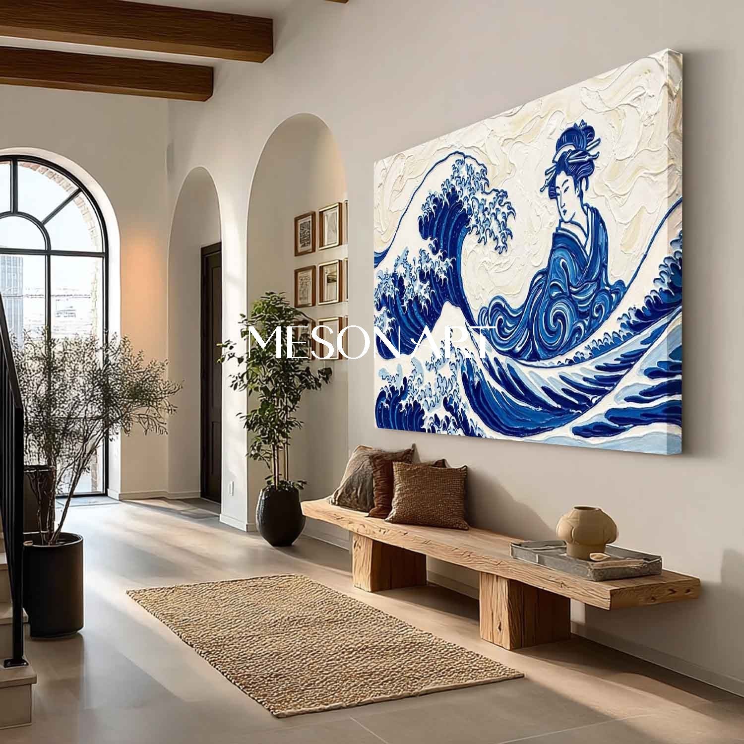 Hand-Painted 3D Textured Great Wave Geisha Oil Painting on Canvas | Japandi Blue Ocean Wall Art | MesonArt
