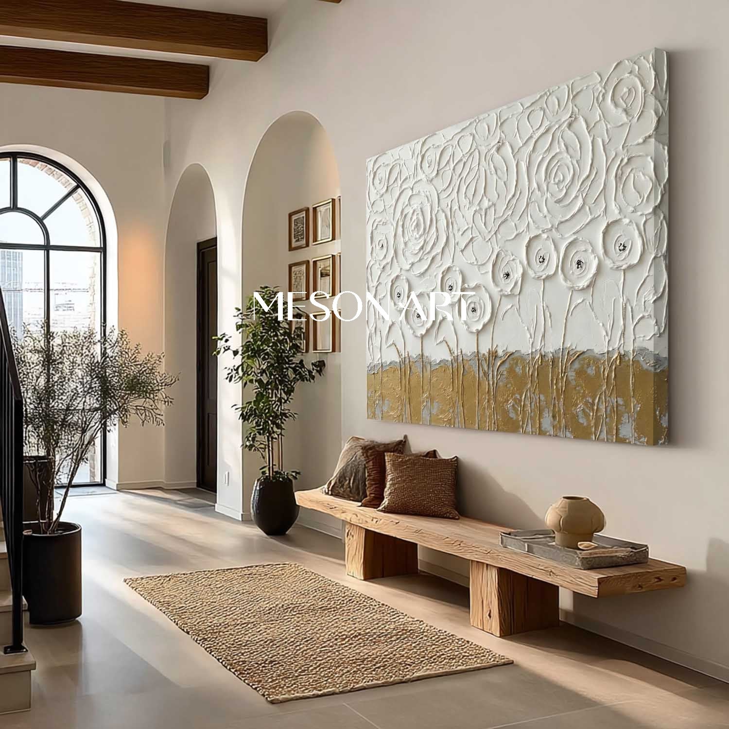 3D Gold and White Floral Textured Painting on Plaster Canvas Art