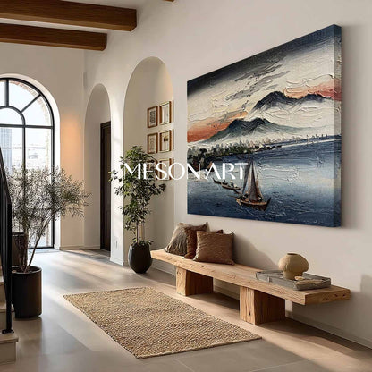 Textured Asian Seascape - 3D Impasto Sunset Boat Oil Painting