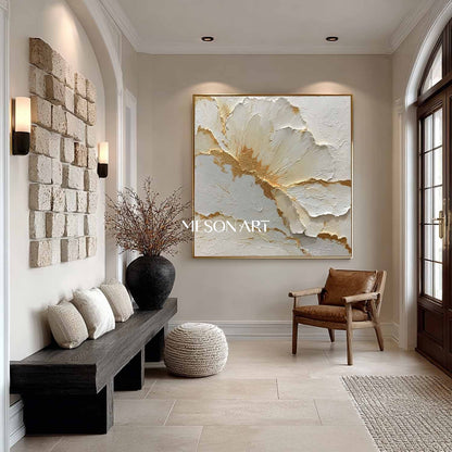 Large Gold and White Plaster Canvas Art Gold and White Flower Wall Art Decor Flower Texture Painting