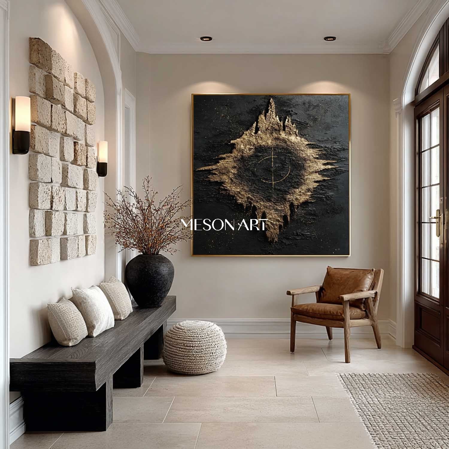 Universe starry sky abstract art Black and gold texture painting Luxury wall decoration idea