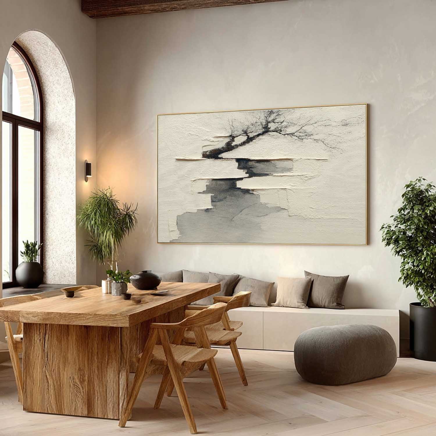 Beige And Black Minimalist Landscape Painting Wabi-Sabi Wall Art Decor Minimalist Landscape Art