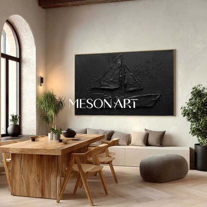 All Black Minimalist Sailboat Textured Canvas Painting Unique Nautical Art Gift