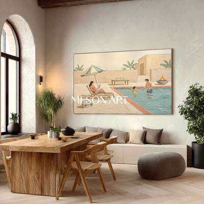 Pool Family Impasto Artwork Textured Wall Decor Large Framed Canvas Ready To Hang