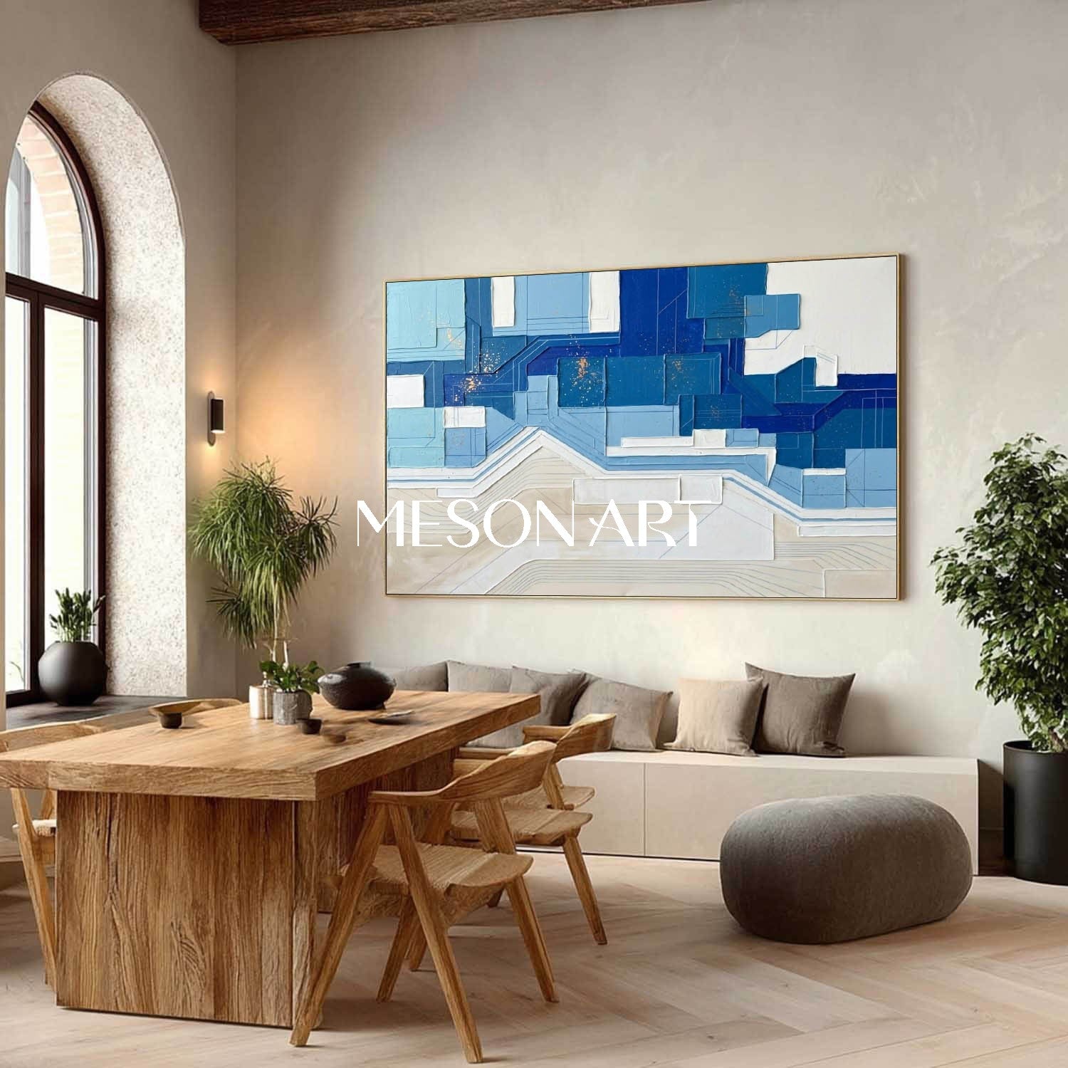 Coastal Modern Wall Decor Blue Abstract Geometric Painting Navy Blue Minimalist Art