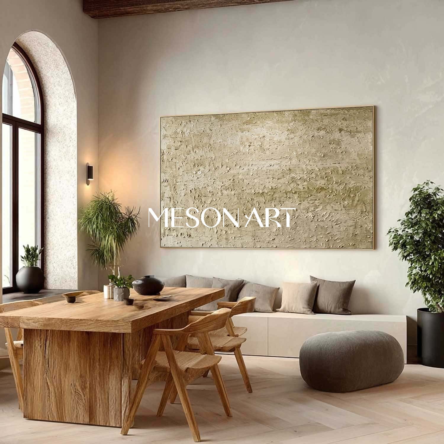 MesonArt Beige 3D Textured Canvas Wall Art | Modern Plaster Painting