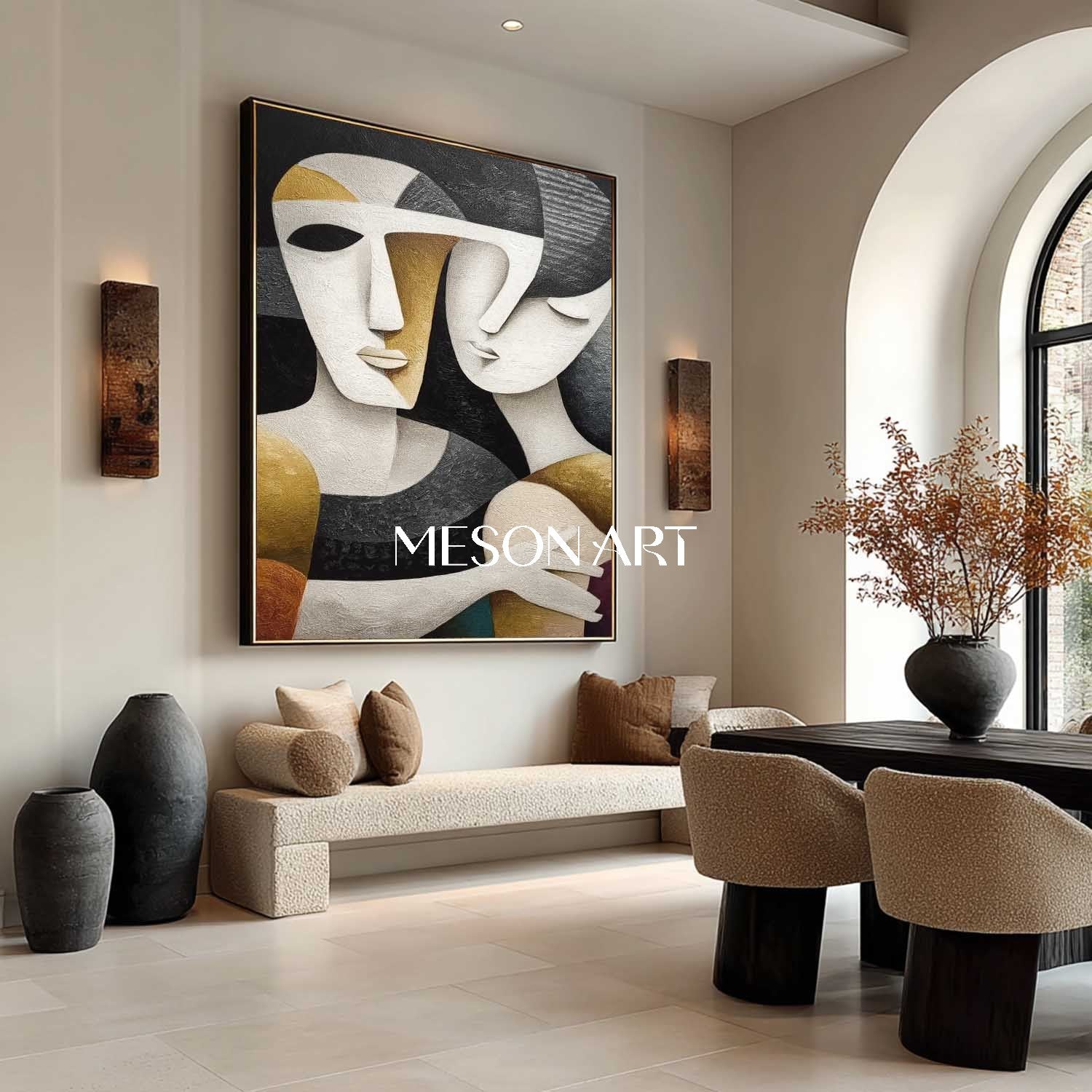 Large Black Textured Vertical Cubist Figure Art Minimalist Wall Decor