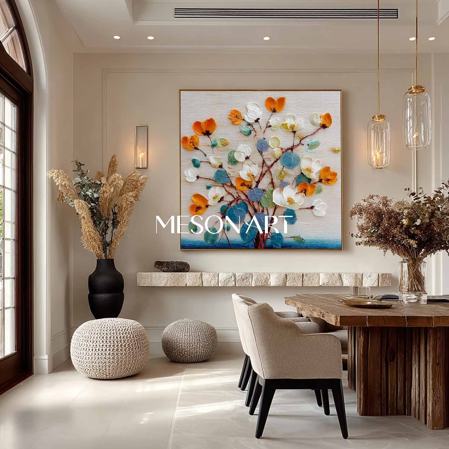 Hand-Painted Abstract Flower Painting on Canvas – Bedroom Wall Decor by Mesonart