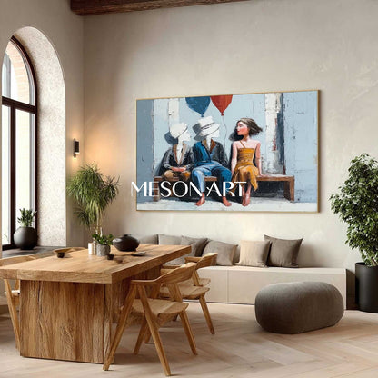 Surreal Boy and Girl with Balloons Abstract Kids Sitting on Bench | Mesonart