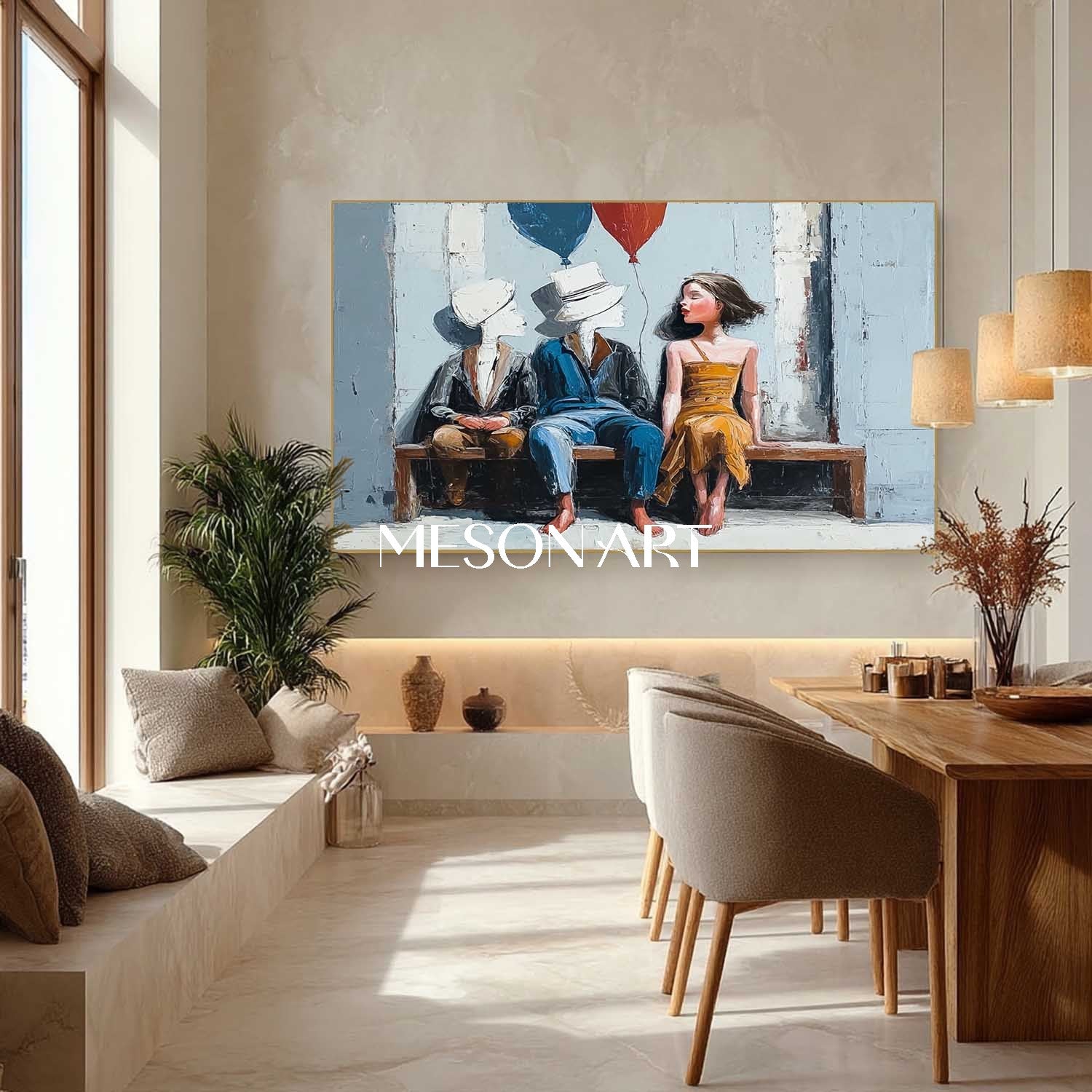 Surreal Boy and Girl with Balloons – Abstract Kids Sitting on Bench | Mesonart