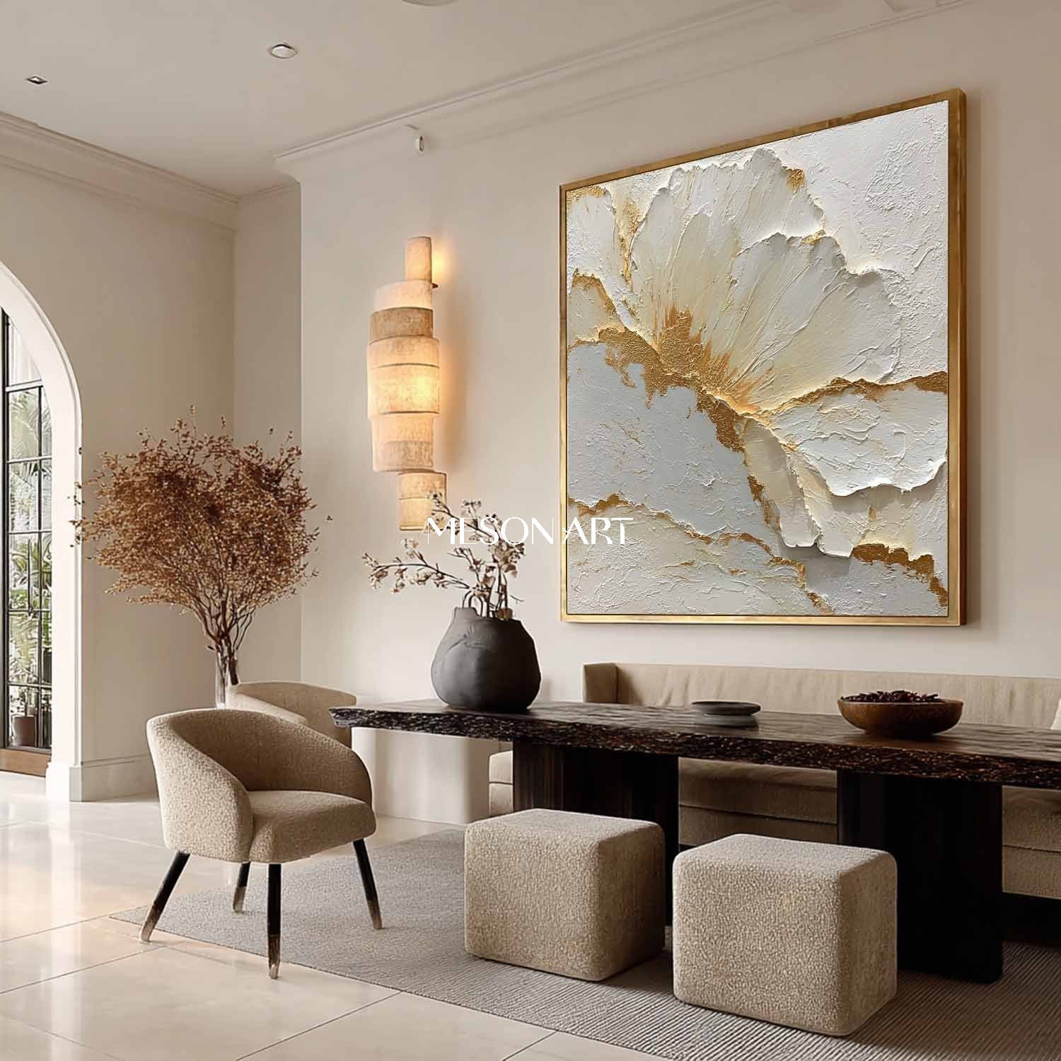 Large Gold and White Plaster Canvas Art Gold and White Flower Wall Art Decor Flower Texture Painting