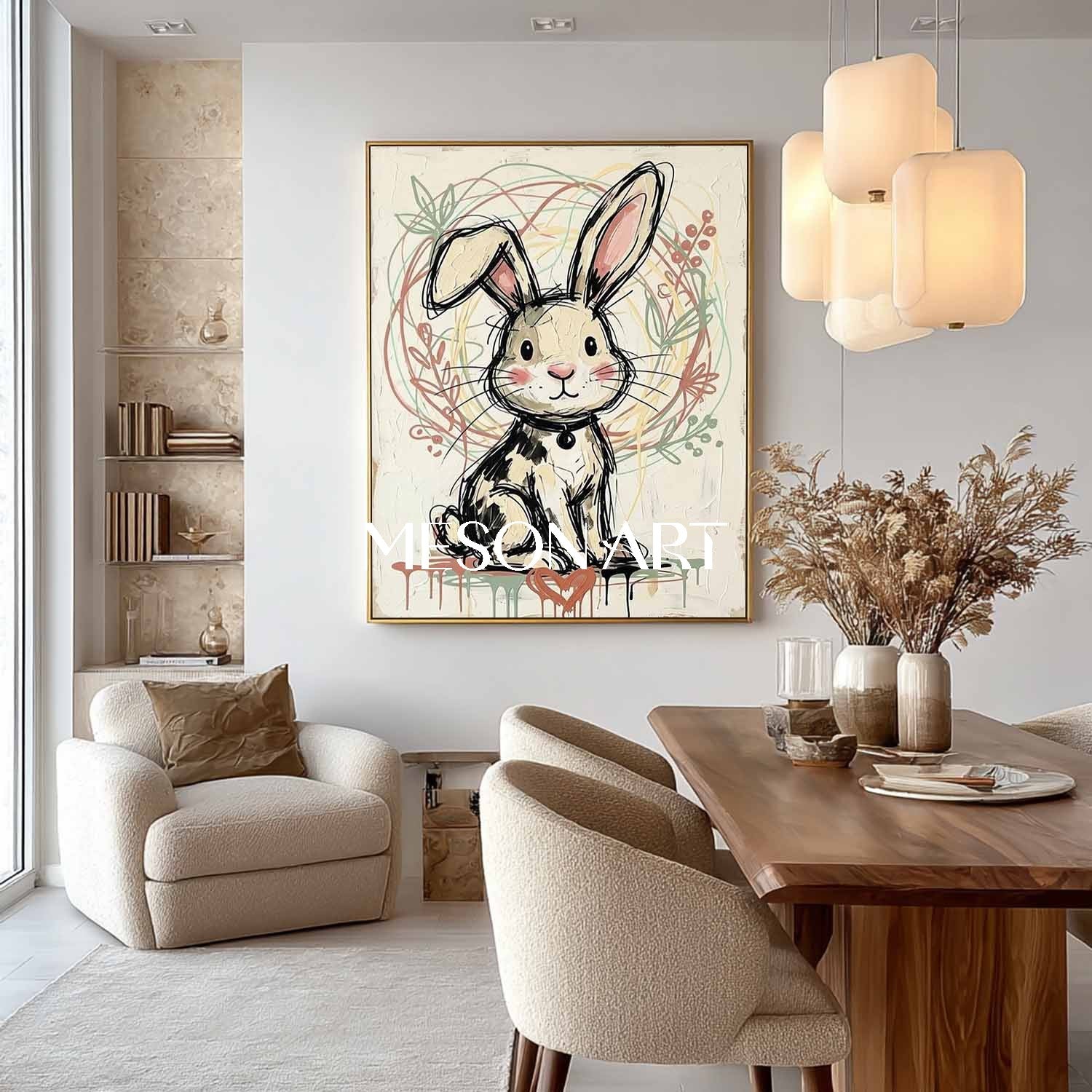 Cute Bunny Plaster Textured Wall Art Painting Kids Nursery Decor