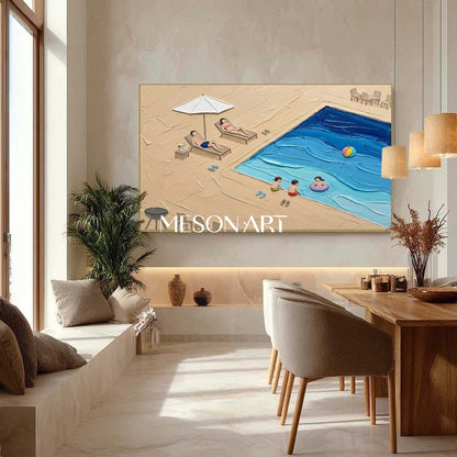 Summer Vacation Poolside Living Room Bedroom Decor Pool Family Impasto Painting Textured Wall Art
