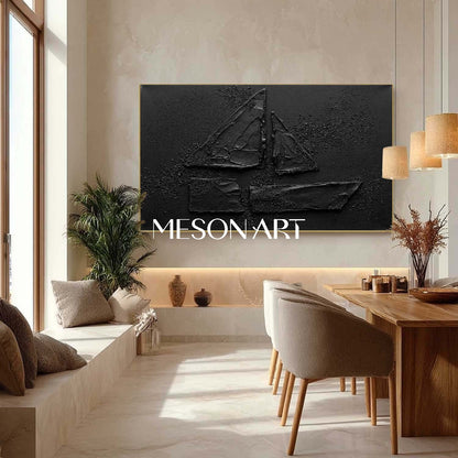 All Black Minimalist Sailboat Textured Canvas Painting Unique Nautical Art Gift