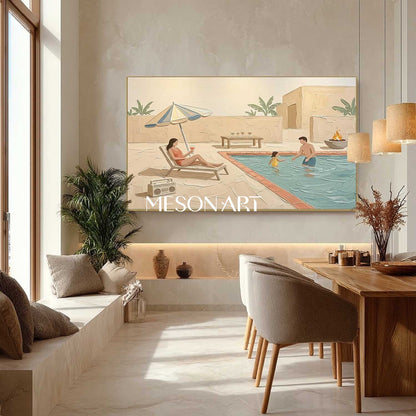 Pool Family Impasto Artwork Textured Wall Decor Large Framed Canvas Ready To Hang