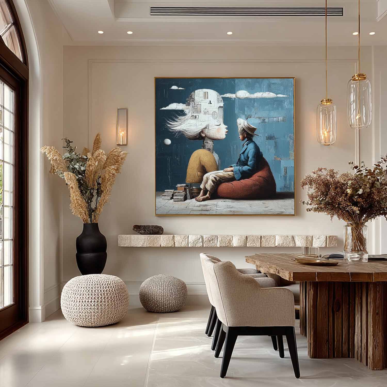 Books as Floor, Thoughts as Castles – Whimsical Surrealist Canvas by Mesonart
