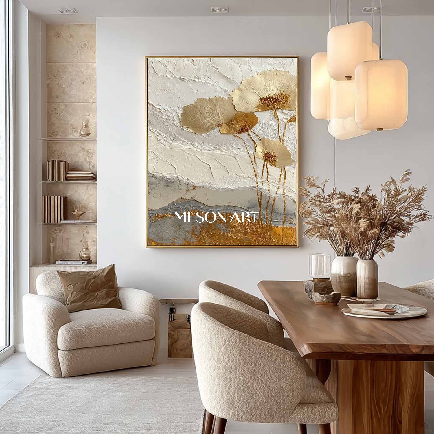 Golden Flower Art Decoration Gold and White Flowers Plaster Art Canvas Flower Texture Wall Paintings