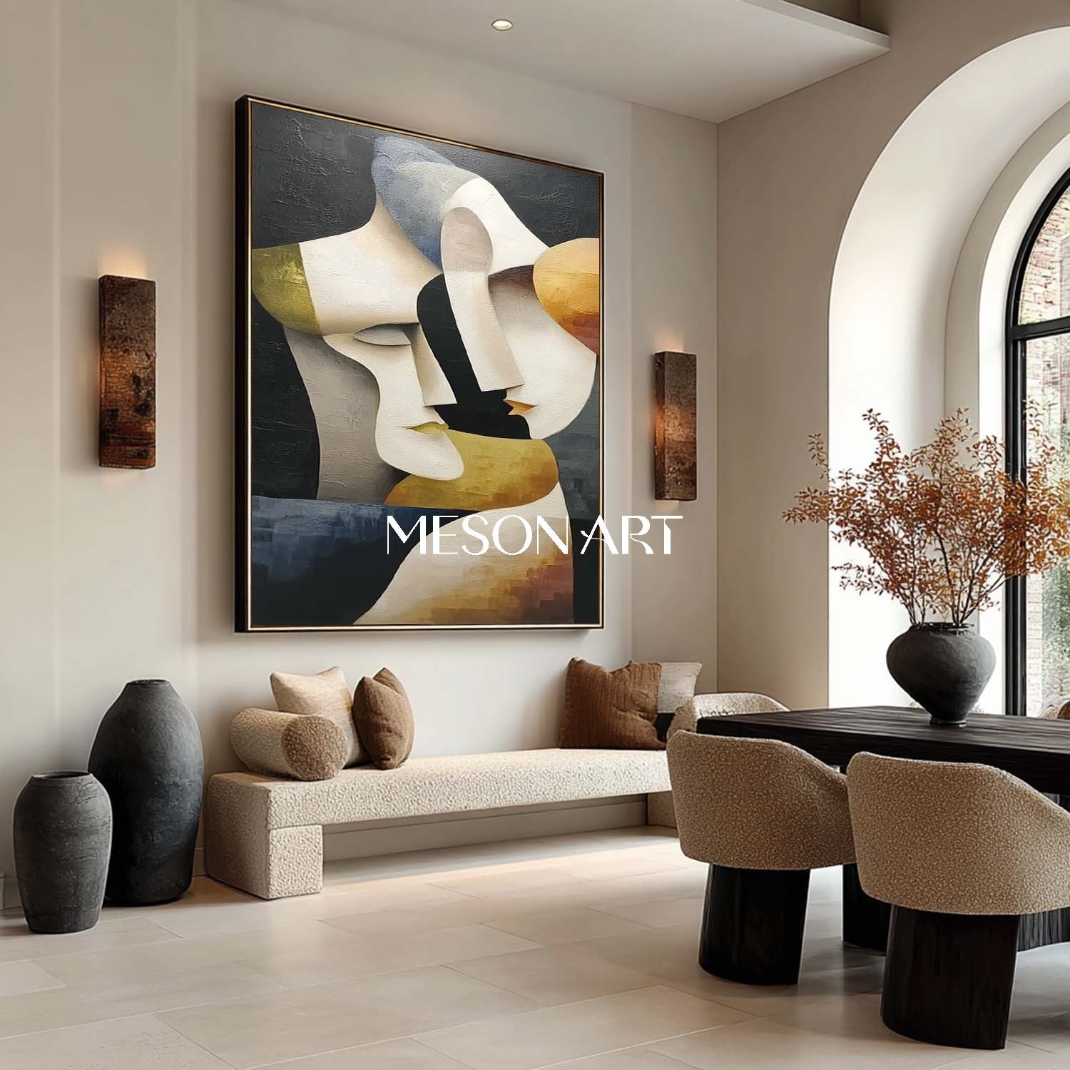 Original Vertical Luxury Cubist Couple Black Gold Hand-Painted Canvas