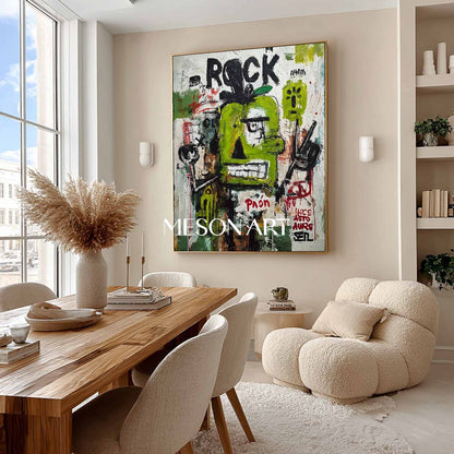 Original Rock Basquiat Inspired Green Abstract Painting Urban Wall Art
