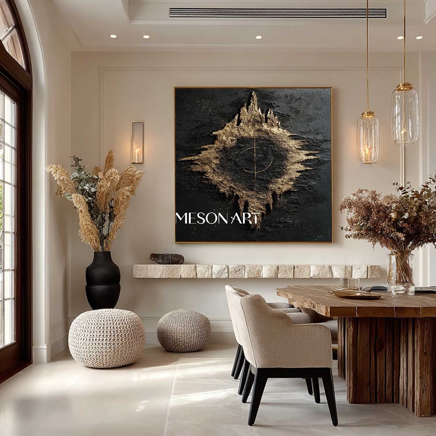 Universe starry sky abstract art Black and gold texture painting Luxury wall decoration idea