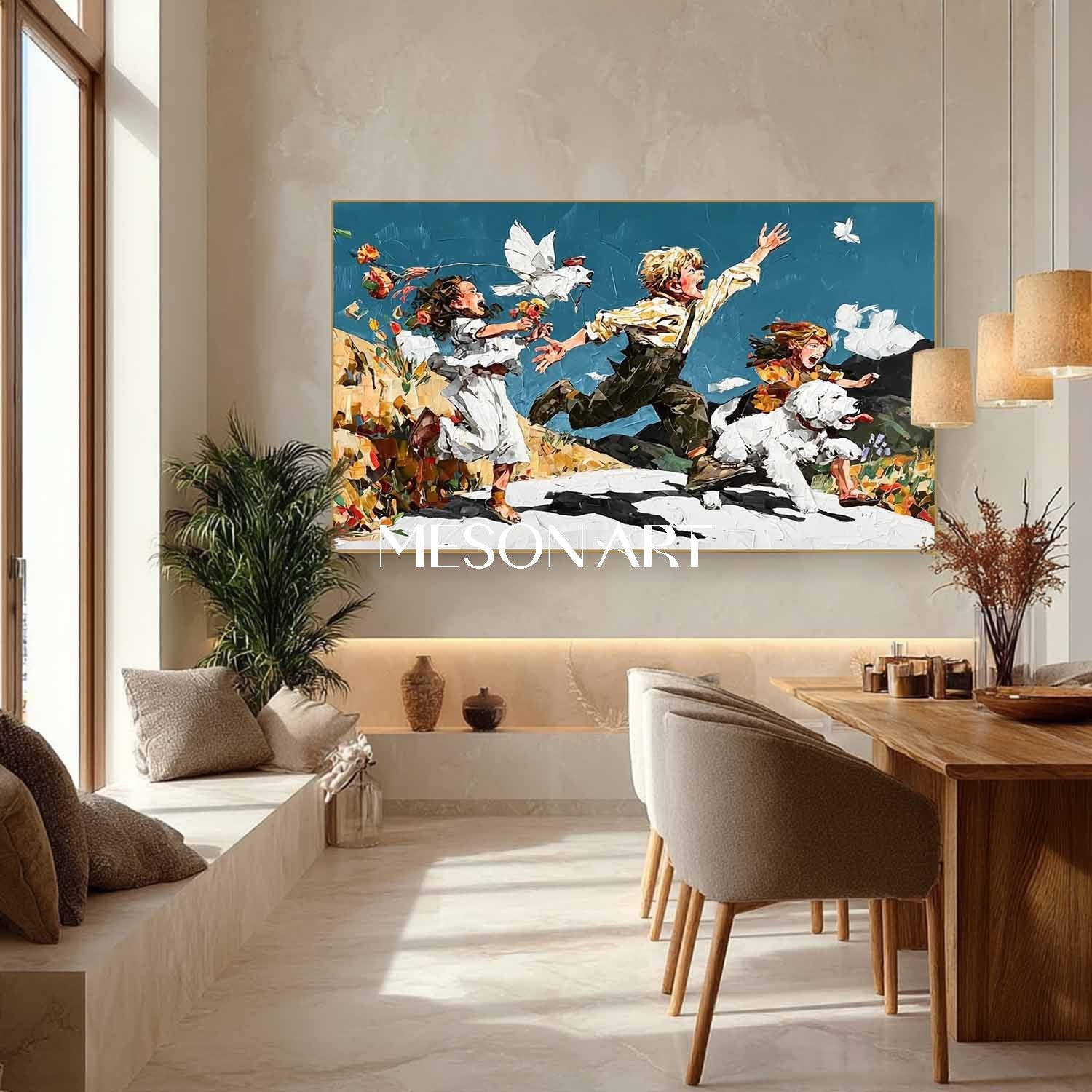 Magical Childhood Moment – Surreal Canvas with Kids and Pet Dog