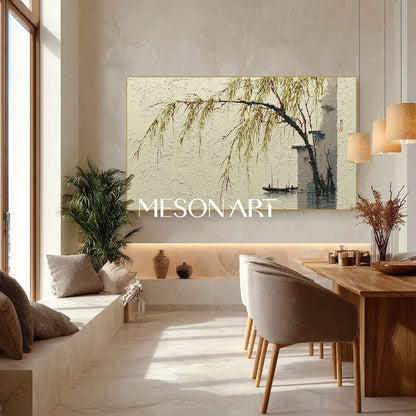 Minimalist Willow Landscape in Ink-Wash Style – Framed Wall Art | Mesonart