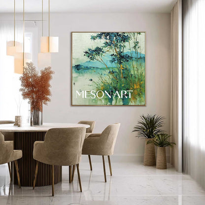 Textured Wabi-Sabi Landscape Canvas – Bamboo, Water & Distant Hills