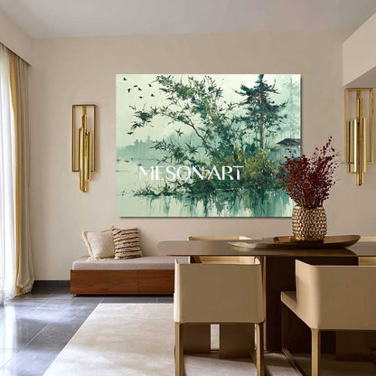 Japanese Wabi-Sabi Wall Art – Textured Nature Scene in Greens