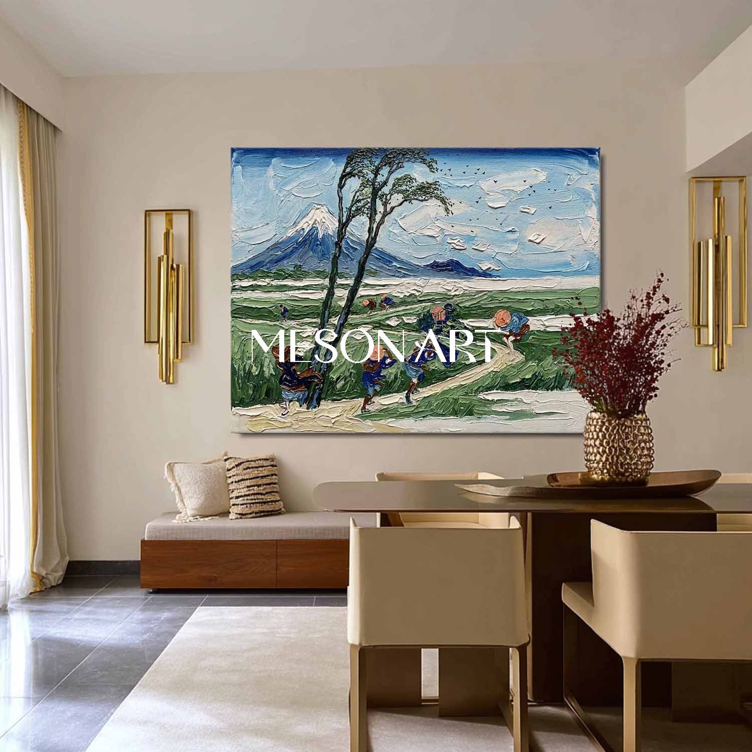 Textured Hokusai Mount Fuji Art - 3D Impasto Windy Landscape Oil Painting